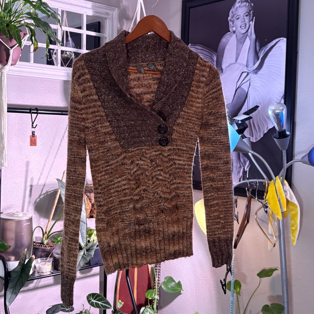 BKE Brown‎ Knit Sweater Shawl Collar Button Front Medium